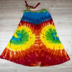 Sunshine Joy Rainbow Tie Dye Wrap Maxi Skirt‎ Pocket Boho Hippie Festival Sz L